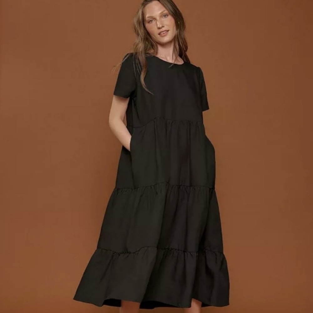 Tradlands Chalet Black Tiered Midi Short Sleeve Dress Small Relaxed Modest Linen